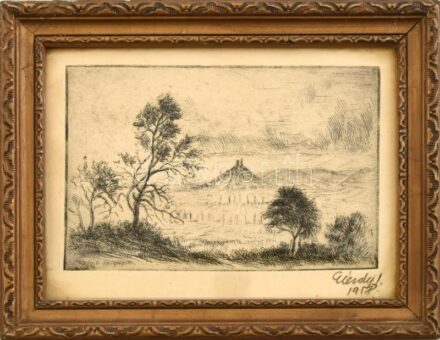 Élesdy István (1912-1987): Szigliget. Rézkarc, papír, jelzett, üvegezett fakeretben, 9,5×14 cm