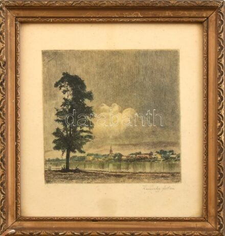 Kaveczky Zoltán (1897-1965): Dunamenti táj, színezett rézkarc, papír, jelzett, üvegezett fakeretben, 12,5×12,5 cm