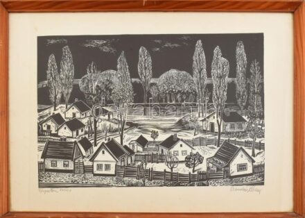 Bordás Ferenc (1911-1982): Vízparton. Fametszet, papír, jelzett, számozott (81/100). Üvegezett, kopott fakeretben, 31×46 cm