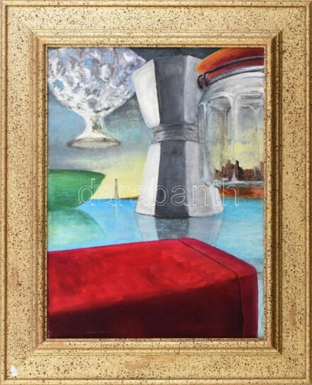 Jelzés nélkül: Szürrealista csendélet. Olaj, vászon. 40X30 cm. Dekoratív fakeretben
