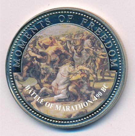 Libéria 2001. 10$ 'Szabadság pillanatai - Marathóni csata Kr. e. 490.' multicolor, tanúsítvánnyal T:PP fo. Liberia 2001. 10 Dollars 'Moments of Freedom - Battle of Marathon 490 BC' multicolor, with certificate C:PP spotted