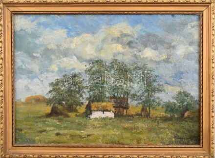 Olvashatatlan (Kli...) jelzéssel: Napfényes táj. Olaj, karton. 28X40,5 cm. Dekoratív fakeretben.