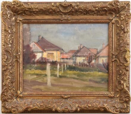 Jelzés nélkül: Faluvége. Olaj, karton. 25X31 cm. Dekoratív fakeretben.