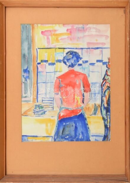 Mattioni E jelzéssel: Enteriőr hölggyel. Akvarell, papír. 34X29 cm. Üvegezett fakeretben.