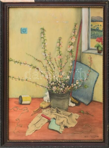 Móricz Margit (1902-1990): Csendélet. Akvarell, papír, jelzett. Üvegezett, sérült fakeretben. 55×39 cm