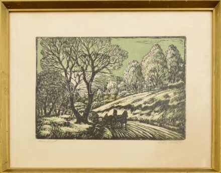 Réti Mátyás (1922-2002): Lovasfogat. Linómetszet, papír, jelzett, üvegezett fa keretben, 26×37 cm