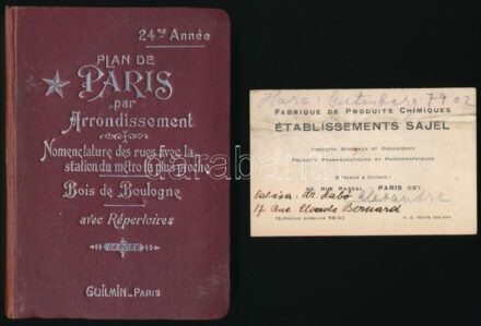 cca 1927 Párizs, lapozható (20 kerülettel, metróhálózat) és kihajtható térkép valamint notesz utcanévjegyzékkel, látnivaló listájával és egyéb információkkal. Maison L. Guilmin, Párizs kiadása, kiadói díszes