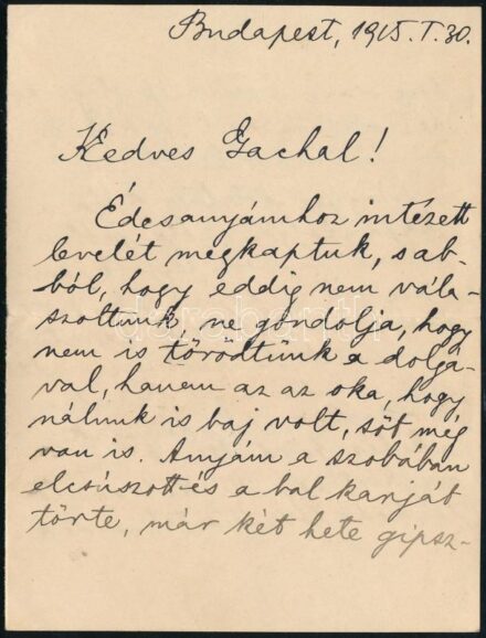 1915 Magyary Zoltán (1888-1945) egyetemi tanár, a közigazgatás tudományának nemzetközi hírű művelőjének autográf levele Eölvedi Gachal József (1889-1972) festőművésznek, személyes hangvétellel, melyben értesíti a front