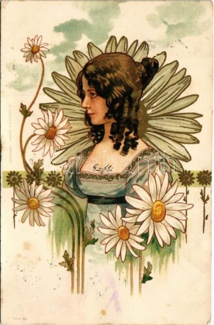 Szecessziós hölgy / Art Nouveau lady. O. Schleich litho