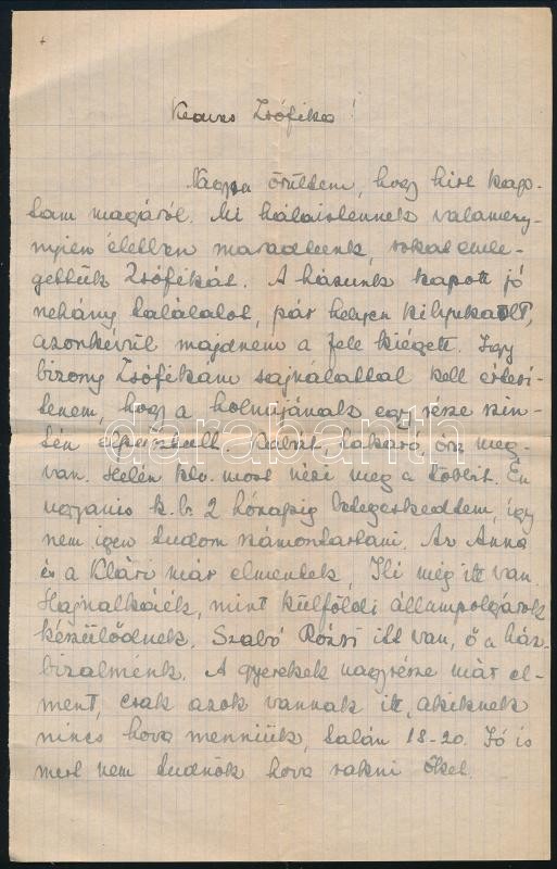 1945.III.18 ismeretlen, Katalin n. hölgy levele Gerő Zsófia (1895-1966), Gerő Ödön (1863-1939) műkritikus, író lánya részére a II, világháború után amelyben közlik vele, hogy az elraktározott holmija egy része elégett, mert a