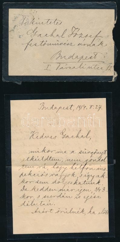 1914 Magyary Zoltán (1888-1945) egyetemi tanár, a közigazgatás tudományának nemzetközi hírű művelőjének autográf levele Eölvedi Gachal József (1889-1972) festőművésznek, személyes hangvétellel, melyben értesíti eladott képei