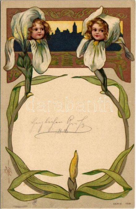 1903 Szecessziós gyerekek virágban / Art Nouveau children in flowers. Kopál Trademark Serie 169. litho