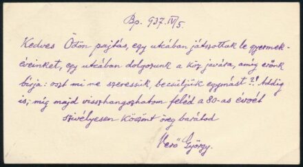 1937.IV.5., Bp. Verő György, családi nevén Hauer Hugó (1857-1941) zeneszerző, színműíró, rendező, színháztörténeti író szellemes sorai Gerő Ödön (1863-1939) műkritikus, író részére, feltehetően Gerő által a 80.