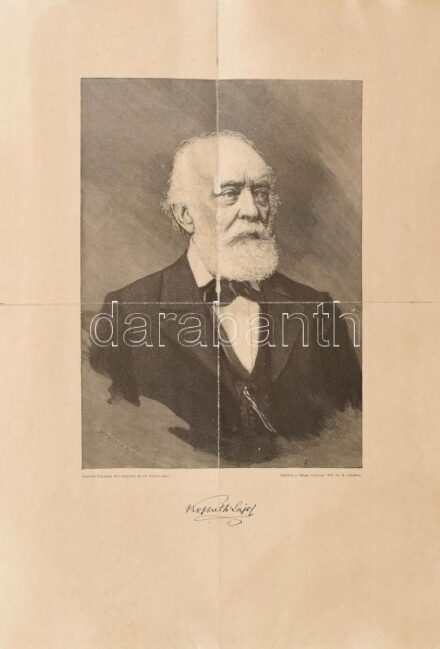 1892 Kossuth Lajos portréja, Morelli Gusztáv (1848-1909) metszete, melléklet a 'Képes Folyóirat' 1892. évi 18. füzetéhez, hajtva, szakadásokkal, ragasztott, 46x32 cm