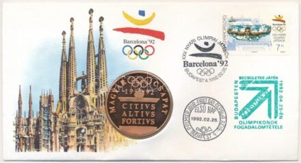 1992. 'Barcelona - Magyar csapat' emlékérem bélyeges borítékon, elsőnapi bélyegzéssel T:PP