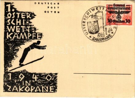 1940 1. Oster-Schi-Wettkämpfe in Zakopane (Deutsche Post Osten) / First ski-event held in Zakopane, winter sport + 'General Gouvernement' eagle/swastika stamp + 'Osterschiwettkämpfe Zakopane' So. Stpl. (EK)
