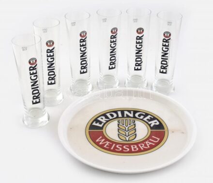 Erdinger Weissbier német söröspohár készlet, 6 db, 0,5 l + műanyag tálca, d: 37 cm, eredeti dobozukban