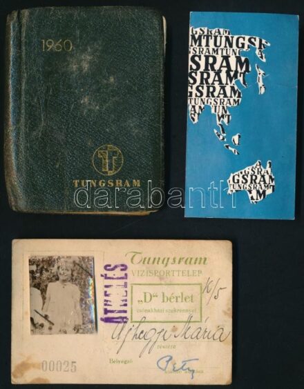 cca 1947-1967 Tungsram (Egyesült Izzólámpa és Villamossági Rt.) vállalattal kapcsolatos 5 db vegyes papírrégiség (vízisporttelep bérlet, zsebnaptár, stb.)