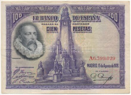 Spanyolország 1928. 100P T:III tűlyuk Spain 1928. 100 Pesetas C:F needle hole Krause P#76