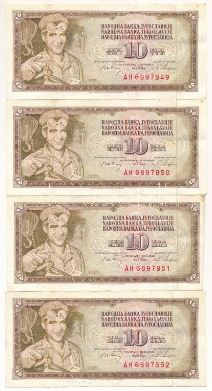 Jugoszlávia 1968. 10D (4x) sorszámkövetők 'AH 6897849 - AH 6897852' T:III Yugoslavia 1968. 10 Dinara (4x) consecutive serials 'AH 6897849 - AH 6897852' C:F