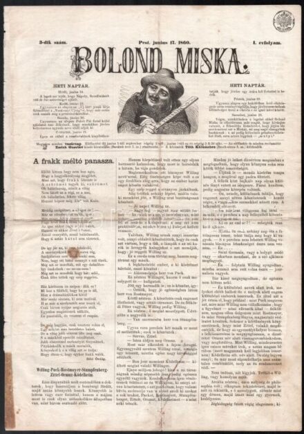 1860 Bolond Miksa élclap I. évfolyam 3. szám, politikai karikatúrákkal, hírlap szignettával, ragasztva