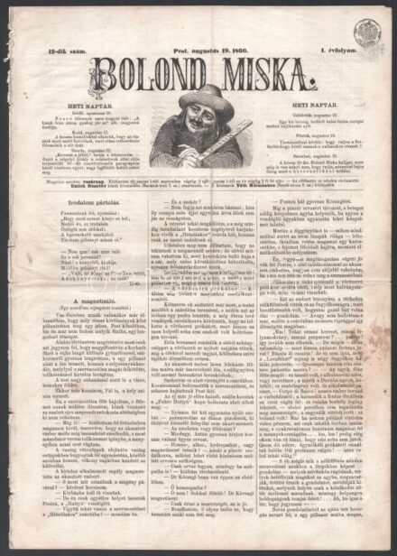 1860 Bolond Miksa élclap I. évfolyam 3. szám, politikai karikatúrákkal, hírlap szignettával szakadással