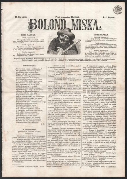 1860 Bolond Miksa élclap I. évfolyam 3. szám, politikai karikatúrákkal, hírlap szignettával szakadással