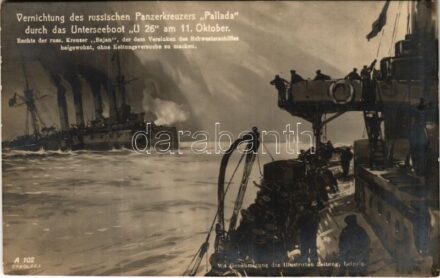 1915 Vernichtung des russischen Panzerkreuzers Pallada durch das Unterseeboot U 26 am 11. Oktober, russische Kreuzer Bajan. K.u.k. Kriegsmarine / Pallada orosz páncélos cirkáló megsemmisítése osztrák-magyar U26 tengeralattjáróval /