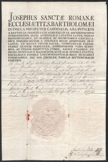 1792 Pókateleki Kondé Miklós (1730-1802) nagyváradi római katolikus püspök. Autográf aláírással ellátott okmánya. nagy méretű papírfelzetes viaszpecséttel