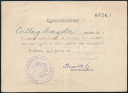 1945 BSZKRT alkalmazott málenkij robot alól mentesítő igazolványa