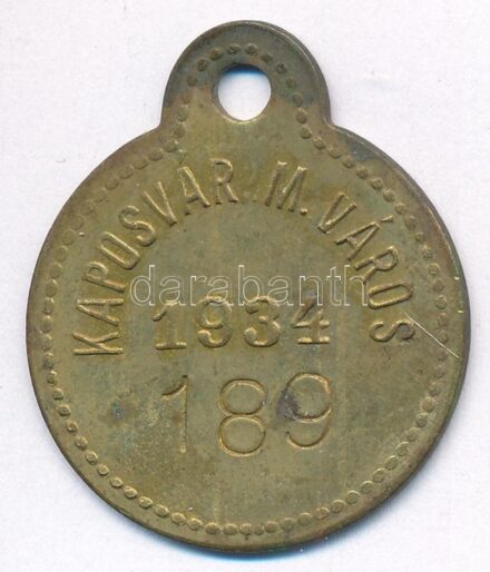 1934. 'Kaposvár M. Város 1934' Br kutyabárca '189' számmal T:2