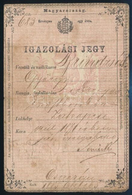 1885 Csaca, igazolási jegy okmánybélyeggel / Čadca, ID