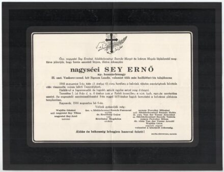 1944 Nagyséei Sey Ernő ny. huszárőrnagy, III. oszt. Vaskoronarend, két Signum Laudis valamint több más hadikitüntetés tulajdonosának halotti értesítője, postázva