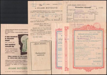 1950-1956 Állami Biztosító befizetési nyugták, kötvények, reklám, szabályzatok, 8 db