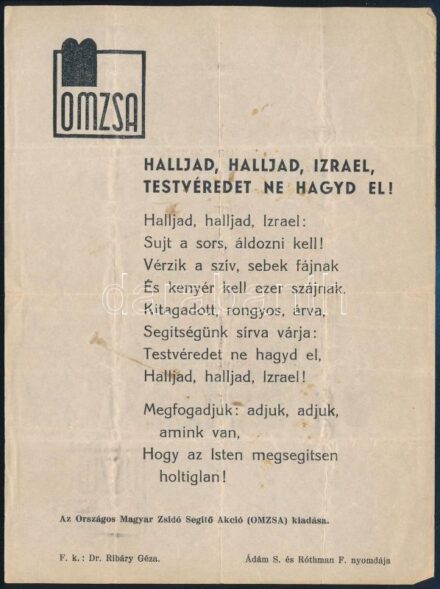 cca 1940 OMZSA röplap hajtásnyomokkal