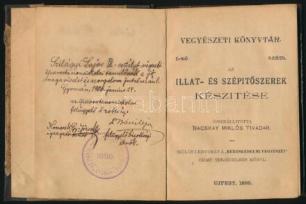 Az illat- és szépítőszerek készítése. Összeáll.: Bacskay Miklós Tivadar. Vegyészeti Könyvtár 1. szám. (Különlenyomat a 'Kereskedelmi vegyészet' c. terjedelmes műből). Újpest, 1899, Schlieszer Testvérek-ny., 64 p. Sérült