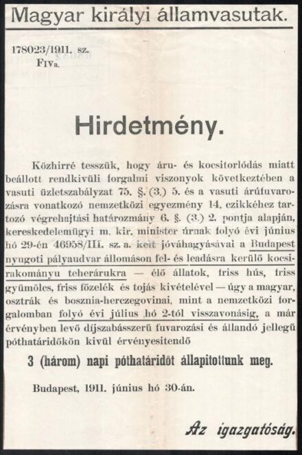 1911 Bp., Magyar Királyi Államvasutak hirdetménye teherárukkal kapcsolatban