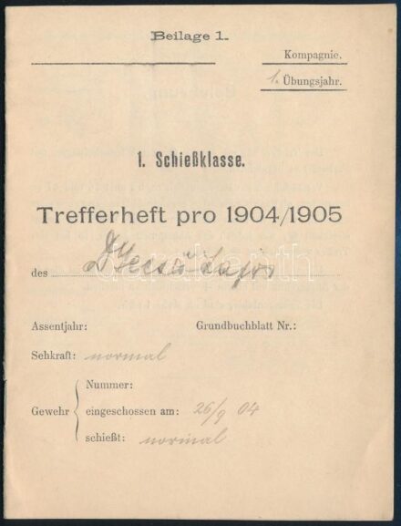 1904 Magyar katona lövés találat füzete 10 p.