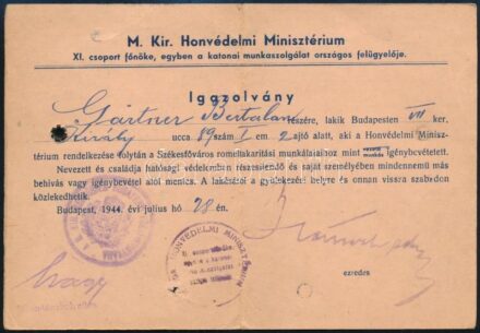 1944 Munkaszolgálat alól mentesítő igazolvány védett családtagok felsorolásával