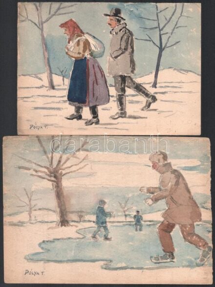 Pólya T. jelzéssel: 5 db akvarell, papír, lap széle kissé sérült, 15x21 és 23,5x17 cm közötti méretben