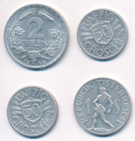 Ausztria 1946-1955. 50g Al (2xklf) + 1946. 2Sch Al + 1952. 1Sch Al T:1-,2 Austria 1946-1955. 50 Groschen Al (2xdiff) + 1946. 2 Schilling Al + 1952. 1 Schilling Al C:AU,XF