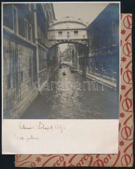 Kerekes János (1889?-1965?): Velence, sóhajok hídja, 1934 július. Vintage fotó, hátoldali a fotóról levált kartonján 'Kerekes János tulajdona, Devecser' korabeli felirattal. 22,5x17,5 cm