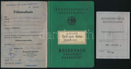 1953-1960 Német (NSZK) személyi igazolvány, fényképes útlevél és jogosítvány / German (BRD) ID, passport and driver's license