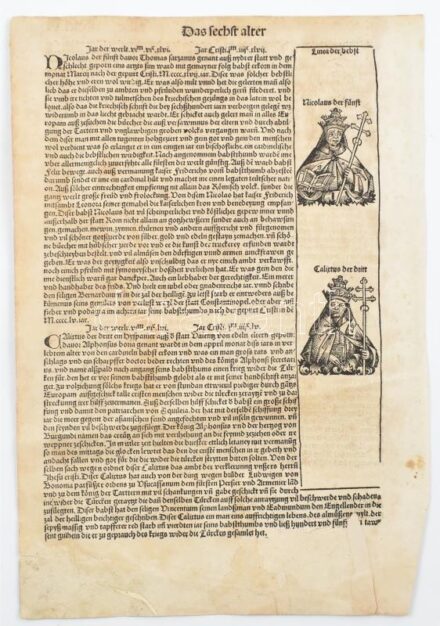 1493 A Hartmann Schedel krónika egy lapja , rajta pápák (V. Miklós, III. Calixtus és írók Lorenzo Valla, Szent Miklós, Flavio Biondo) fametszetű képeivel. Nagyon régi restaurálással a szélén. / 1493 wood engraving from the Hartmann