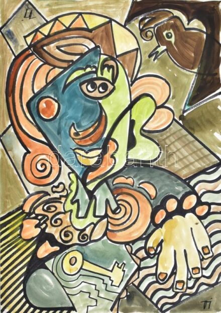 Vibók Ildikó (?-): Nő kulccsal. Akvarell, papír, jelzett, 41,5×29,5 cm