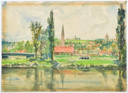 Olvashatatlan jelzéssel: Vízparti város. Akvarell, papír, 30×42 cm