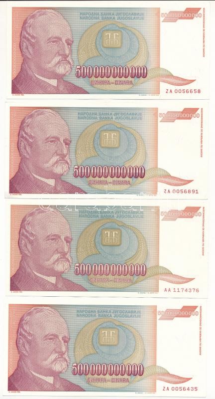 Jugoszlávia 1993. 500.000.000.000D (5x) + 1993. 500.000.000.000D (3x) pótkiadás 'ZA' betűjellel T:I,I- Yugoslavia 1993. 500.000.000.000 Dinara (5x) + 1993. 500.000.000.000 Dinara (3x) replacement note with 'ZA' prefix C:UNC,AU