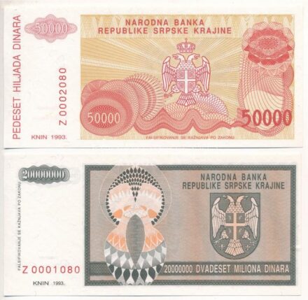 Horvátország / Krajnai Szerb Köztársaság 1993. 5000D pótkiadás 'Z 0002080' + 1993. 20.000.000D pótkiadás 'Z 0001080' T:I Croatia / Republic of Serbian Krajina 1993. 5000 Dinara replacement note with 'Z 0002080' serial number + 20.000.000