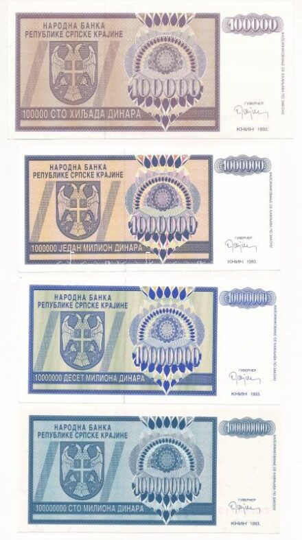 Horvátország / Krajna Szerb Köztársaság 1993. 100.000D + 1.000.000D + 10.000.000D + 20.000.000D + 100.000.000D 'Z' sorozatjel, pótkiadás + 500.000.000D + 1.000.000.000D + 5.000.000.000D + 10.000.000.000D T:I Croatia / Republic of Serbian