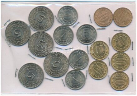 Jugoszlávia 1965. 10p sárgaréz (2x) + 1973. 10p sárgaréz (5x) + 1973. 1D Cu-Ni (5x) + 1975. 5D Cu-Ni 'A fasizmus alóli felszabadulás 30. évfordulója' (5x) T:1- Yugoslavia 1965. 10 Para sárgaréz (2x) + 1973. 10 Para brass (5x) + 1973. 1